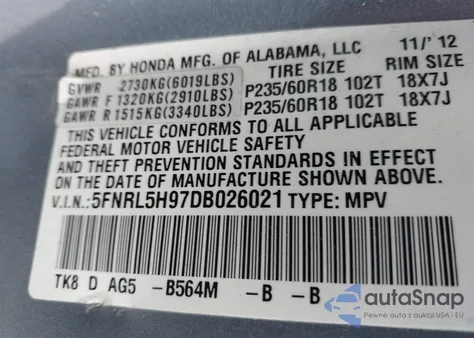 2013 Honda Odyssey Touring/Touring Elite z USA, uszkodzony, nr VIN 5FNRL5H97DB026021